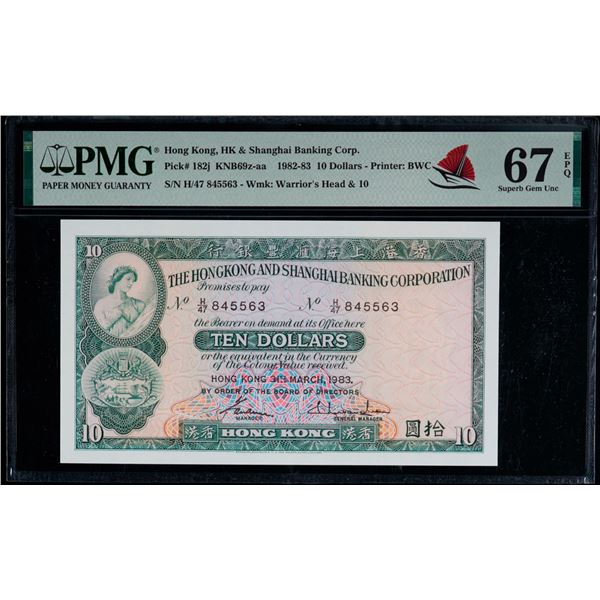 Hong Kong; 1982-83 $10 - Printer: BWC #845552-553 Pick#182j.  Lot of 2 consecutive notes PMG UNC67EP