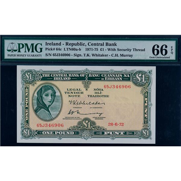 Ireland; 1971-75 £1 - With Security Thread Pick#64c LTN60a-b #65j346906, PMG UNC66