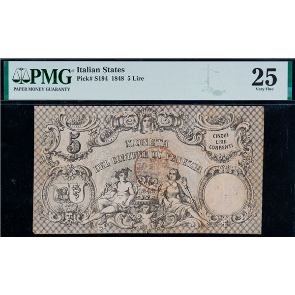 Italian; 1848 5 Lire Pick #S194 PMG VF25