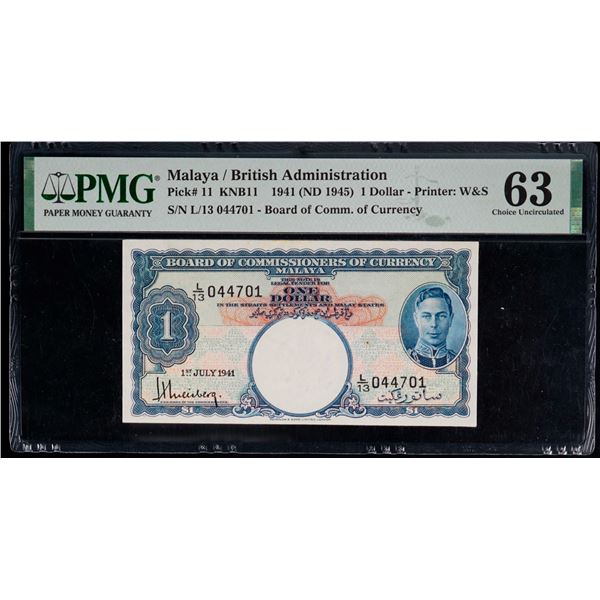 Malaya; 1941 (ND 1945) $1 #L/13 044701 Pick#11 KNB11 - PMG UNC63