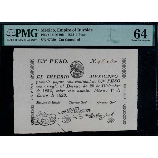 Mexico; 1823 1 Peso Pick #1b M10b #47050 - Cut Cancelled, PMG UNC64