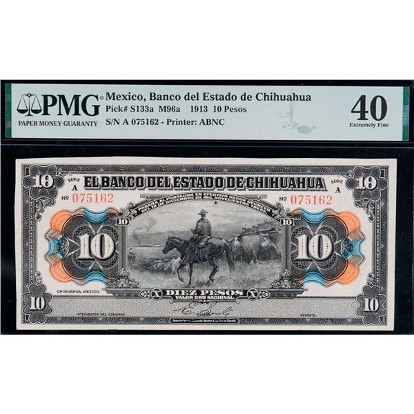 Mexico; 1913 10 Pesos Pick #S100a M96a # A075162 - Printer: ABNC, PMG EF40