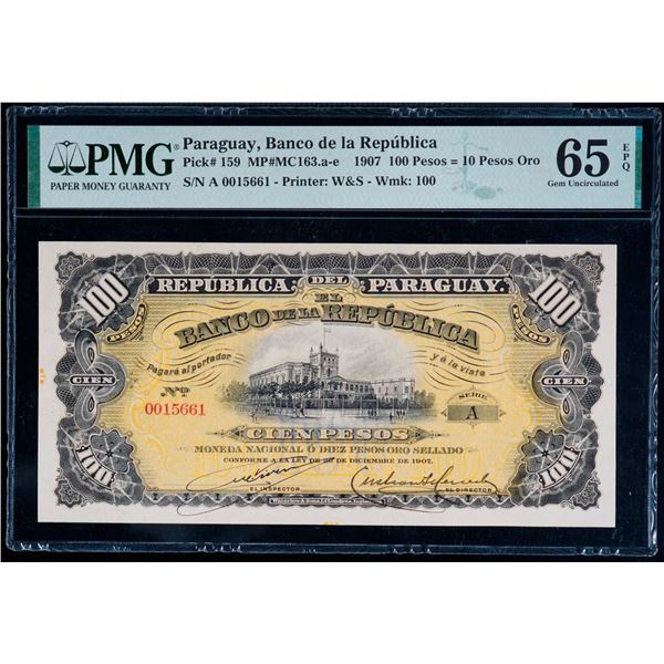 Paraguay; 1907 100 Pesos #0015661 Pick#159  MP#MC163.a-e PMG UNC65EPQ