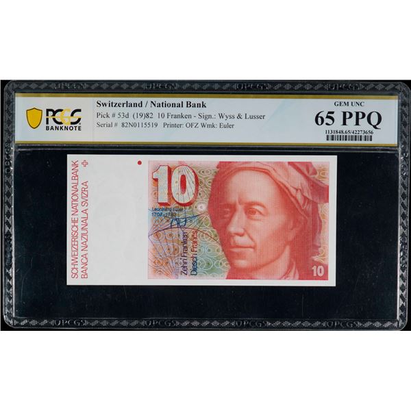 Switzerland; (19)82 10 Franken #82N0115519 Pick#53d PCGS UNC65PPQ