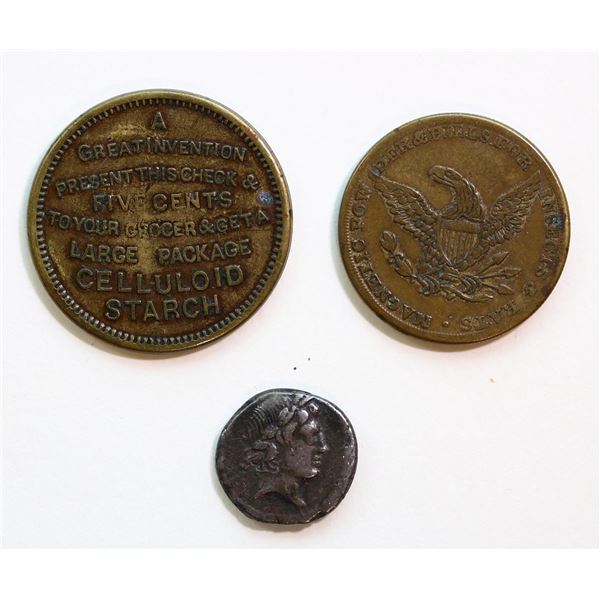 Ancient & USA Tokens; Lot of 3 pieces.   VG to VF.