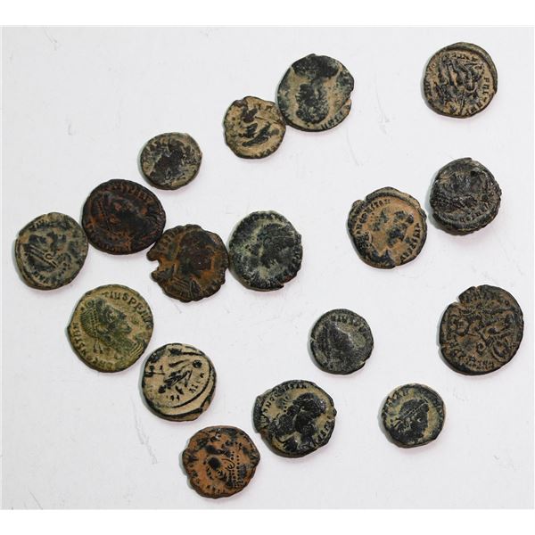 Ancients;  Roman Coin Lot includes 17 various Bronze examples.  Uncleaned and unsearched by us.  A d