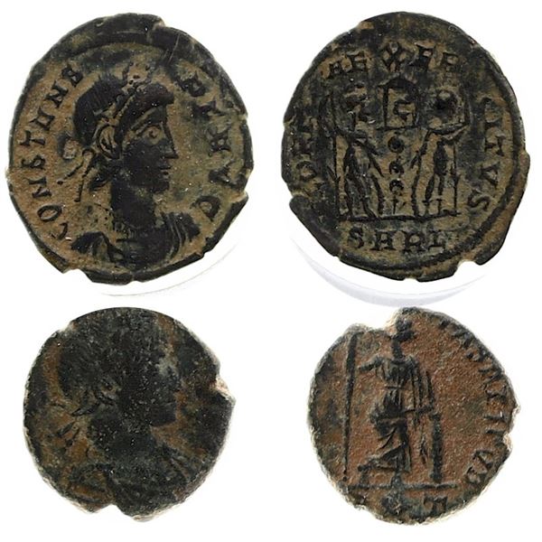Ancients;  Roman Constans (337-350). Æ. Alexandria, 333-5. R/ Two soldiers flanking one standard & C