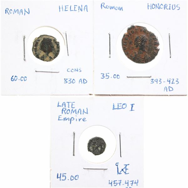 Ancients;  Roman Honorius 393-423AD, Helena 330 AD & Leo I 457-474 AD.  Lot of 3 different Bronze is