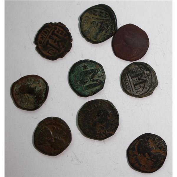 Ancients;  Roman Justinian 1 Follis type issues.  Lot of 9 coins.  .