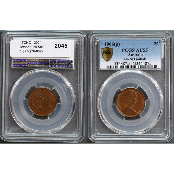 Australia;  1966(p) 2¢ w/o SD PCGS AU55.  Scarce variety