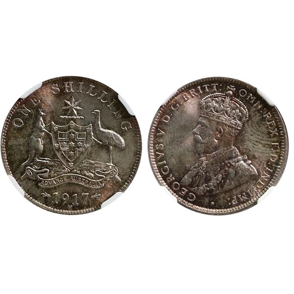 Australia; 1917M 1 Shilling NGC MS65 Great eye appeal with strong lustre.