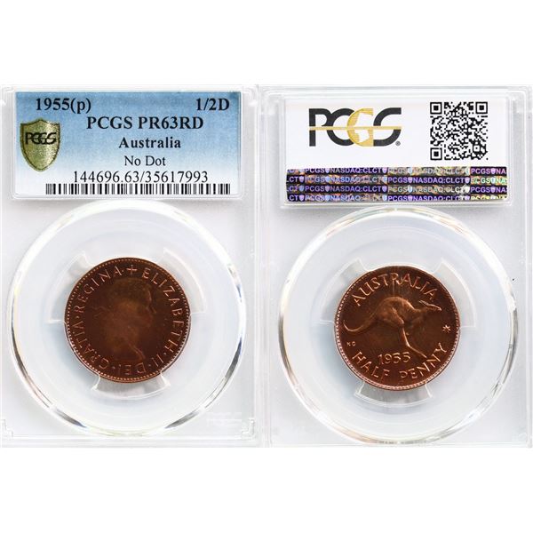 Australia; 1955 (p) 1/2 P "No Dot" PCGS PROOF-63 Red
