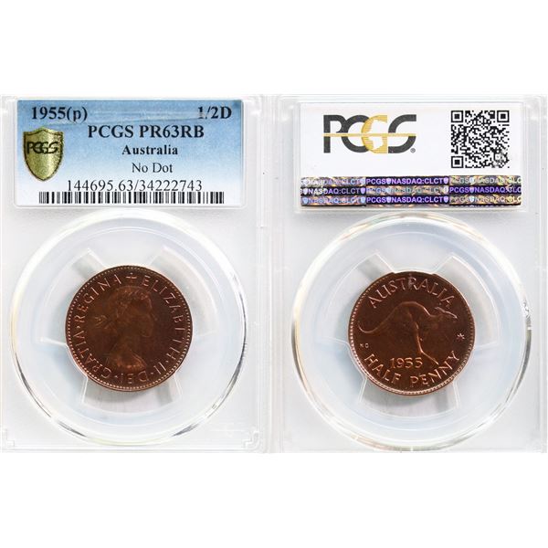 Australia; 1955 (p) 1/2 P "No Dot" PCGS PROOF-63 Red