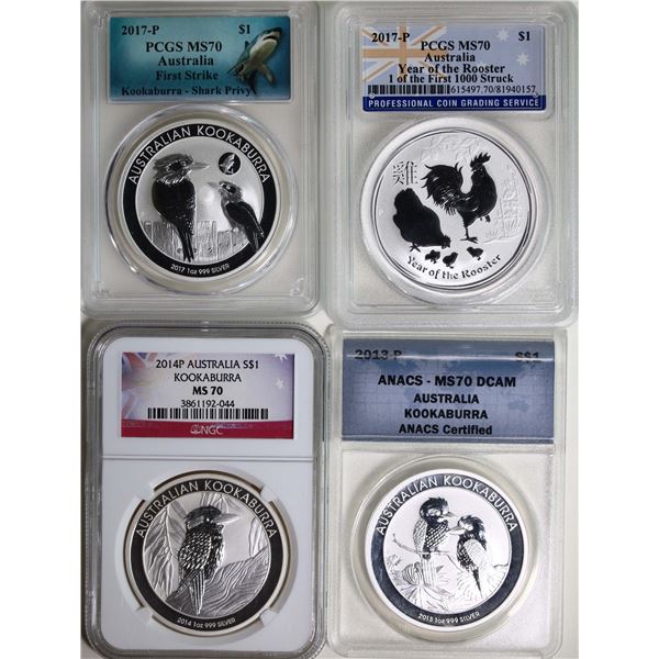 Australia; 2013-P $1 ANACS, 2014-P $1 NGC, 2017-P 1$ Year of the Rooster PCGS, 2017-P $1 First Strik