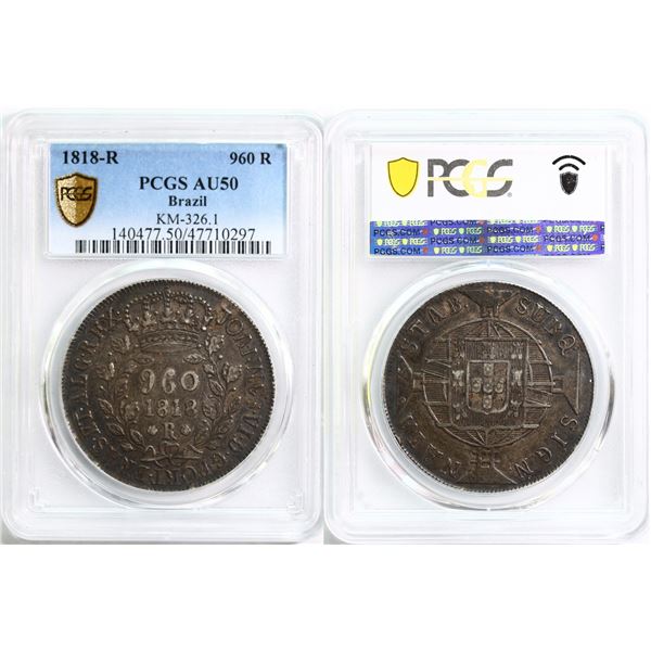 Brazil; 1818-R 960R PCGS AU50.  KM-326,1