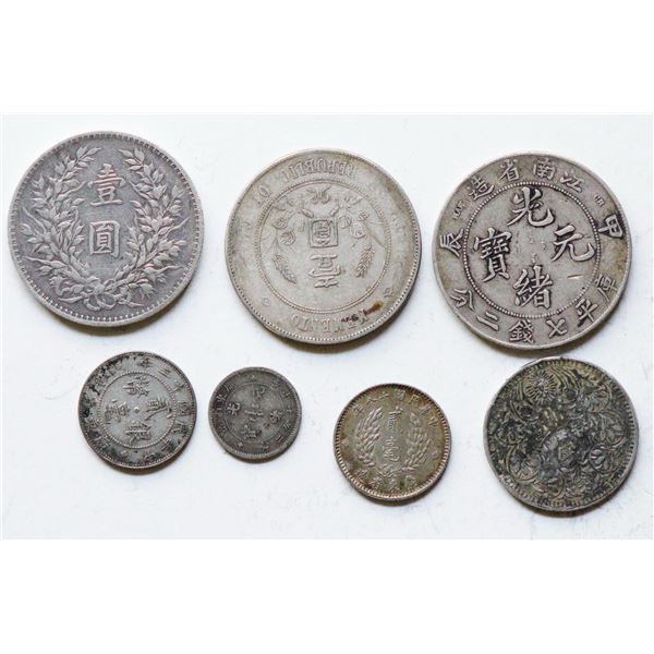 China - Tibet; Lot of 6 China Silver coins + 1 Tibet Silver Rupee.  VG to EF+.