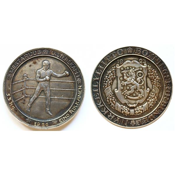 Findland; Boxing award Medal, Silver 40mm.  Named to "Eino Nikkanen" Dated 1926, AU.