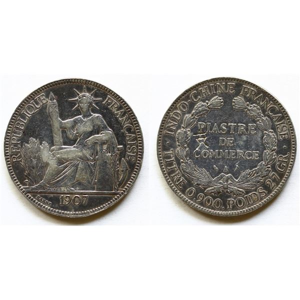 French IndoChina; 1907-A Piastre KM5A.1 - Chinese chopmark reverse  -Lightly cleaned.