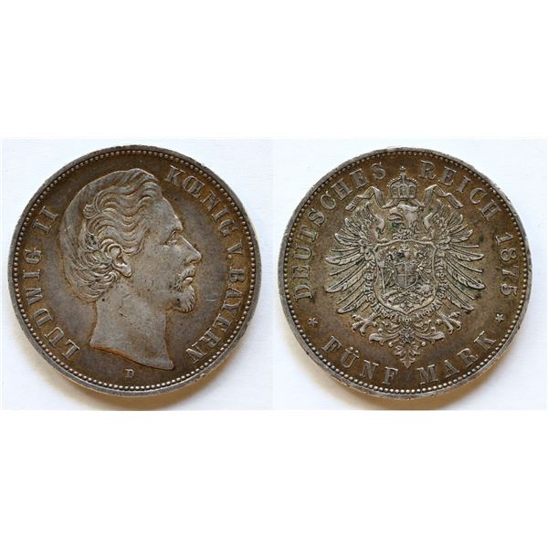 German States; Bavaria 1875-D 5M, KM896 EF.  Scarce.