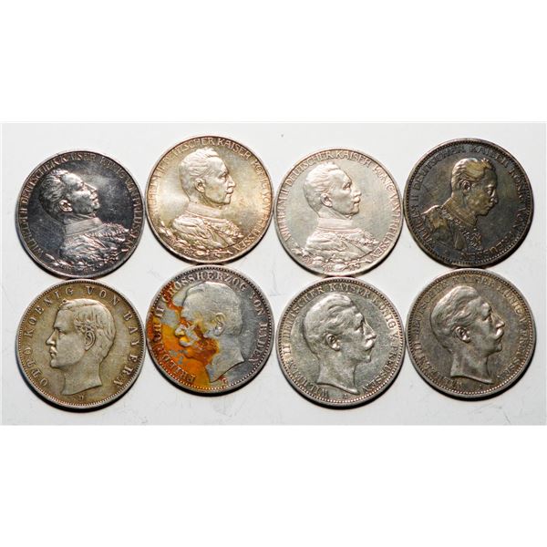 German States; Group of silver 3 Marks, Fine to AU.  Lot of 8 pieces.