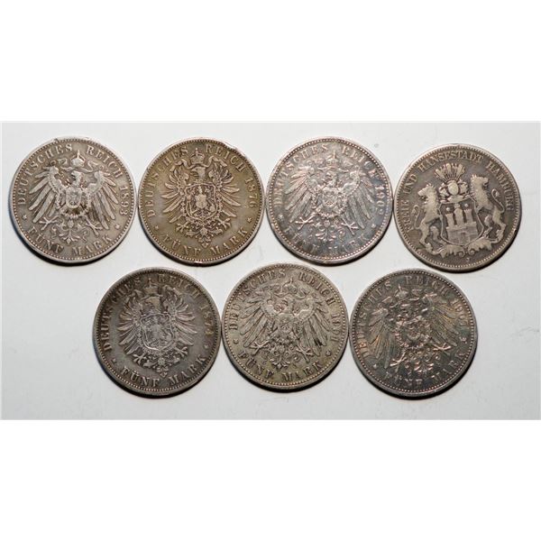 German States; Group of silver 5 Marks, Fine to EF  Lot of 7 pieces.