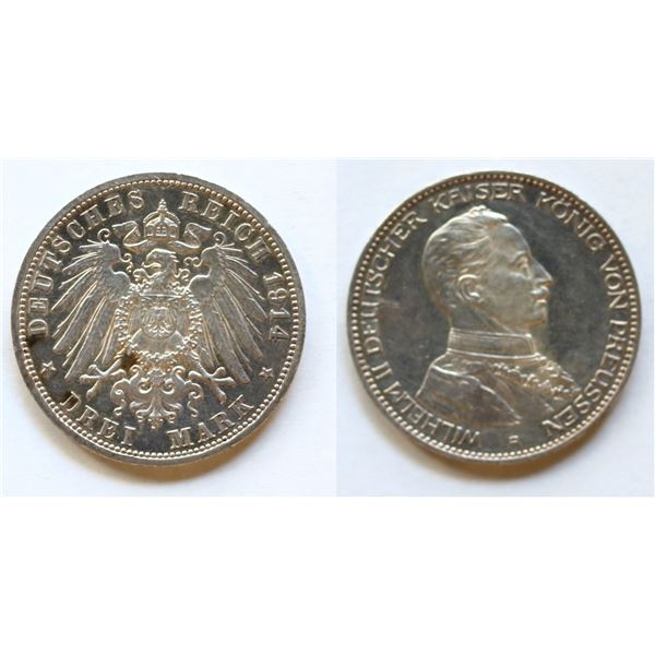 German States; Prussia 1914-A 3M, KM538 Uncirculated.