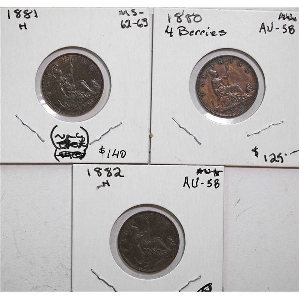 Great Britain;  1880 Farthing (4 Berries), 1881H & 1882H.  Lot of 3 better grade issues.  EF and bet