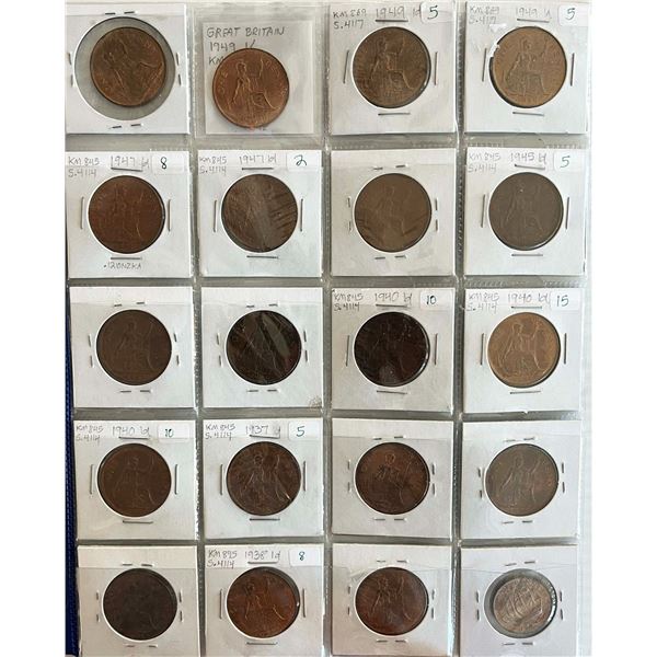Great Britain;  Lot of 32 Copper Pennies, Half Pennies and Farthings 1900's to 1940's on average.