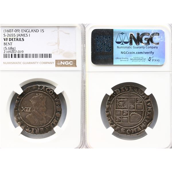 Great Britain; (1607-09) 1S - NGC VF Details bent. S-2655 - 5.68 Grams