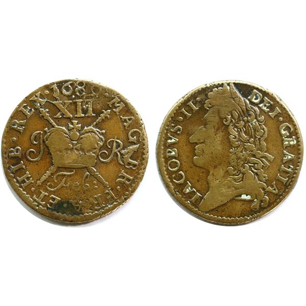 Great Britain; 1689 Shilling, Irish Gun Money - about VF.