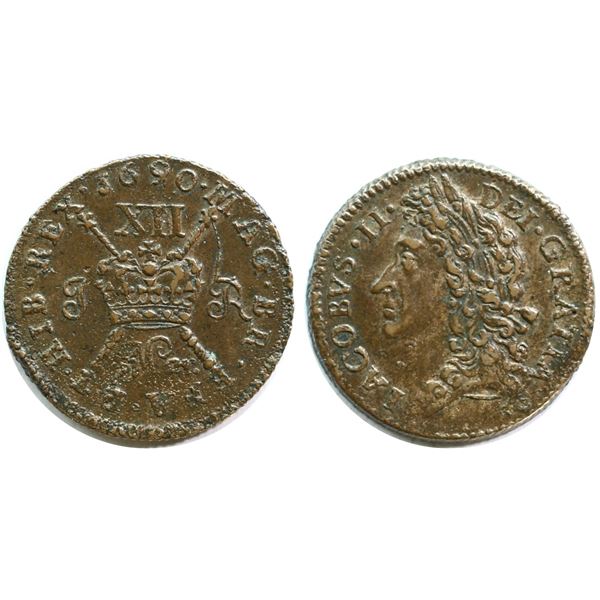 Great Britain; 1690 Mar -  Shilling, Irish Gun Money - about EF.