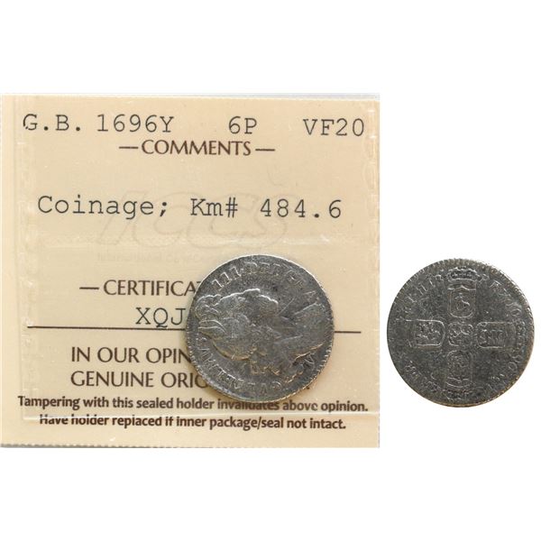 Great Britain; 1696Y 6 Pence "Coinage" KM#484,6 ICCS VF20