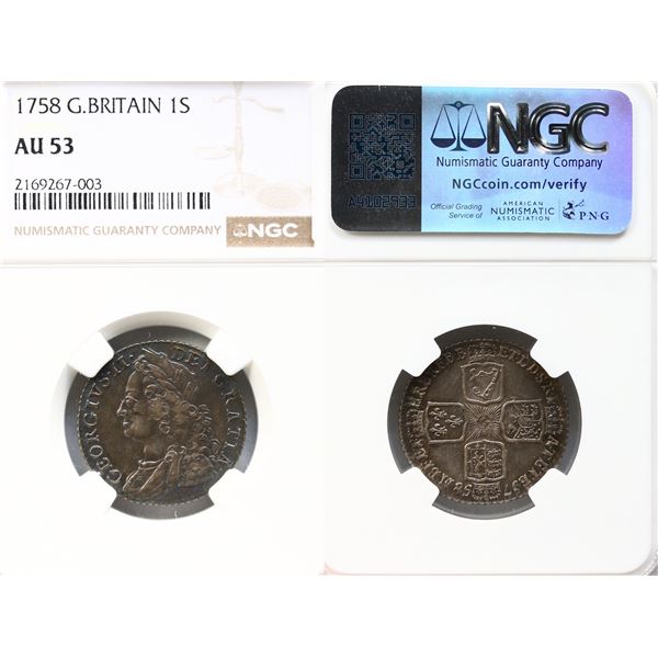 Great Britain; 1758 1S NGC AU53