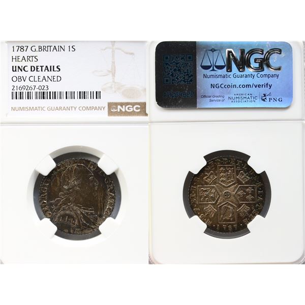 Great Britain; 1787 1S Hearts NGC UNC Details obv cleaned