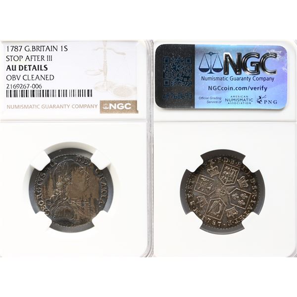 Great Britain; 1787 1S Stop after III NGC AU Details obv cleaned