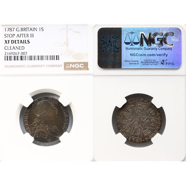 Great Britain; 1787 1S Stop after III NGC XF  Details  cleaned