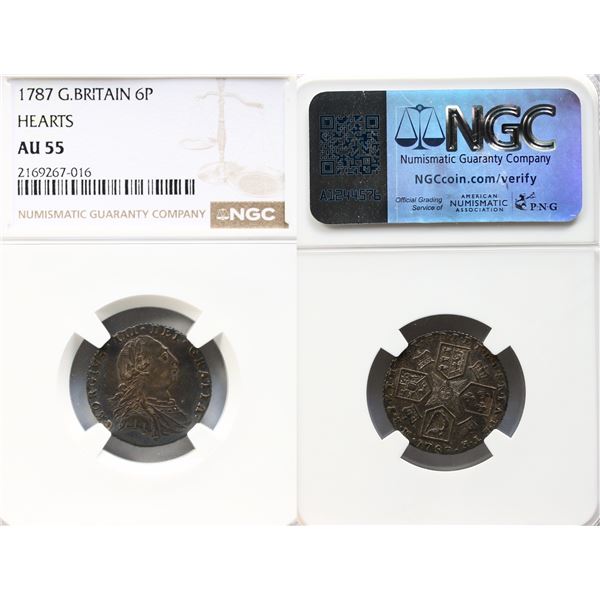 Great Britain; 1787 6P Hearts NGC AU55