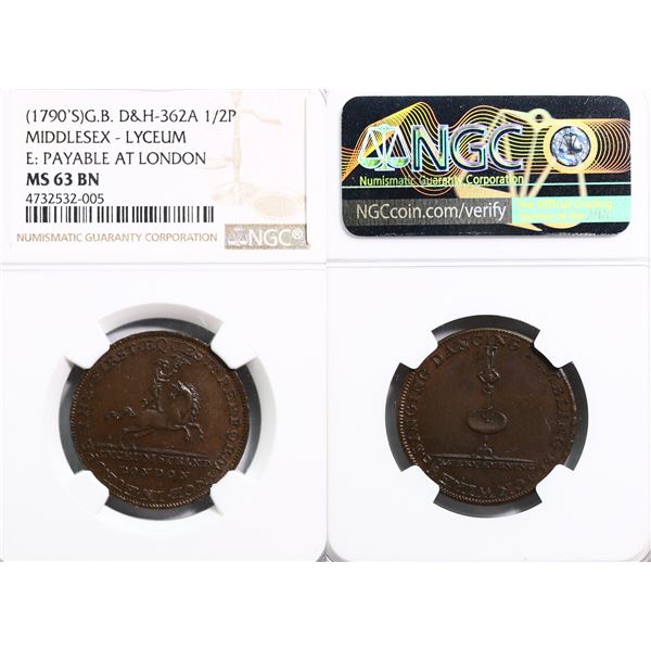 Great Britain; 1790's 1/2P D&H-362A Middlesex-Lyceum NGC MS63 BN