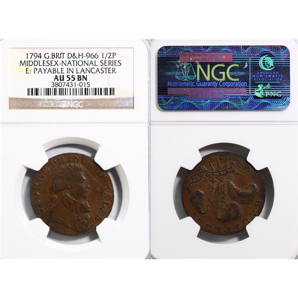 Great Britain; 1794 1/2P D&H0966 Middlesex-National NGC AU55 BN