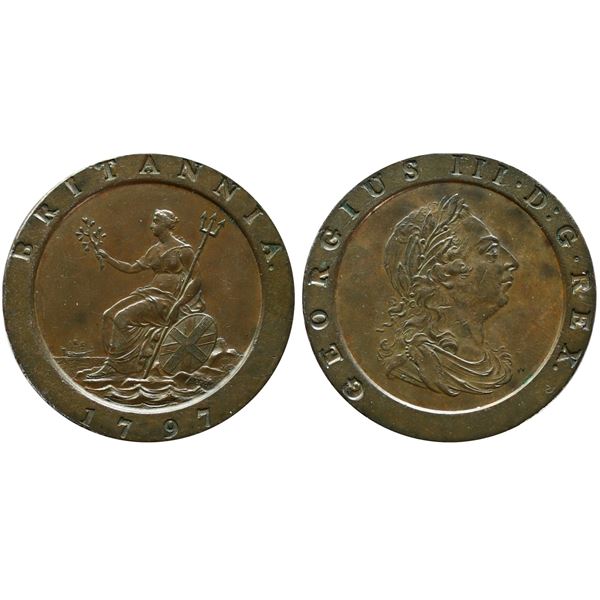Great Britain; 1797 2 Pence Lustrous Brown AU or better.  A splendid example.