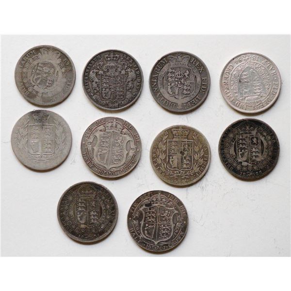 Great Britain; 1816-1907 Halfcrowns VG to VF+.  Lot of 10 pieces.