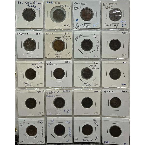 Great Britain; 1838-1891 Farthing - Fine to EF.  Lot of 20 pieces.