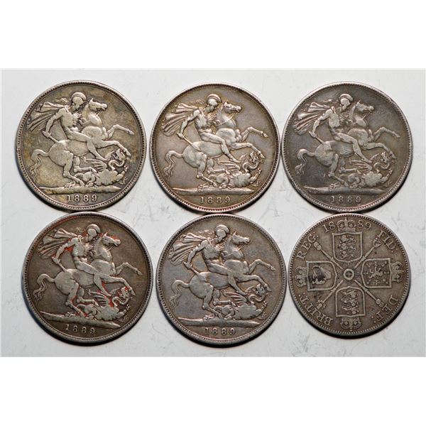Great Britain; 1889 Crown (5), 1889 Double Florin average VF.  Lot of 6 coins.