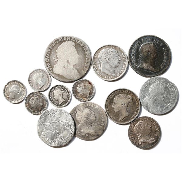 Great Britain; Lot of 13 early silver coins.  Good-VF