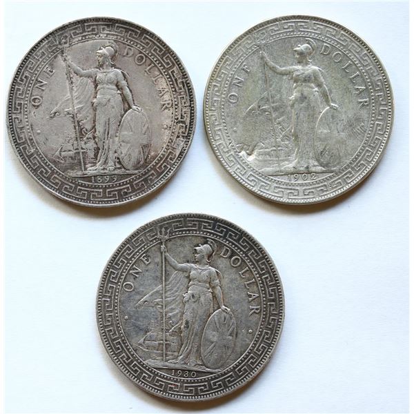 Great Britain; Lot of 3 British Trade Dollars, One with Chopmark.  VF-EF.