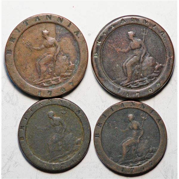 Great Britain; Lot of 4  Large "Copper" pieces dated 1797.  Average circulated.
