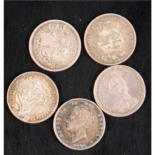 Great Britain; Lot of 5 One Shilling.  VF to AU.