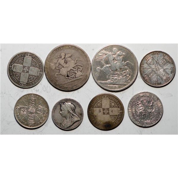 Great Britain; Lot of 7 silver coins + 1 silver medal.  8 pieces all together.