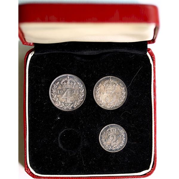 Great Britain; Partial 1904 Maundy Set in case.  (Missing the 1 Penny.