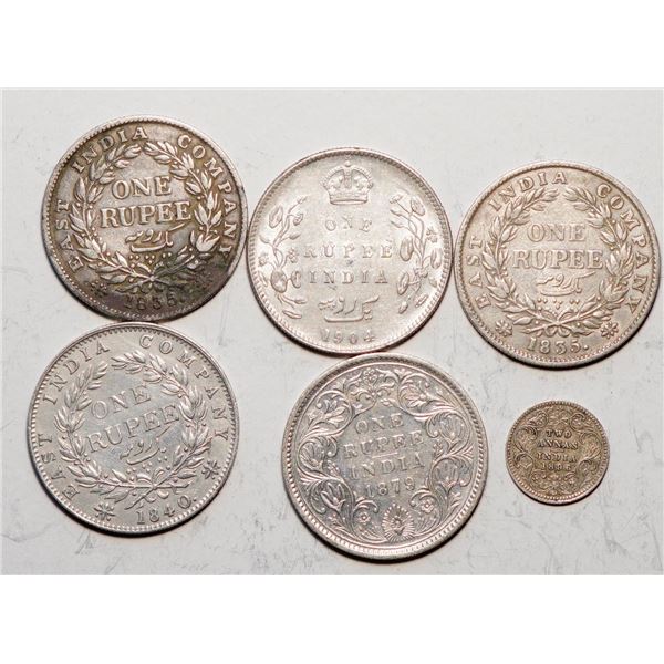 India; Lot of 5 Silver Rupees.  1835-1904, 1896 2 Annas, Fine to AU.  Lot of 6 coins.